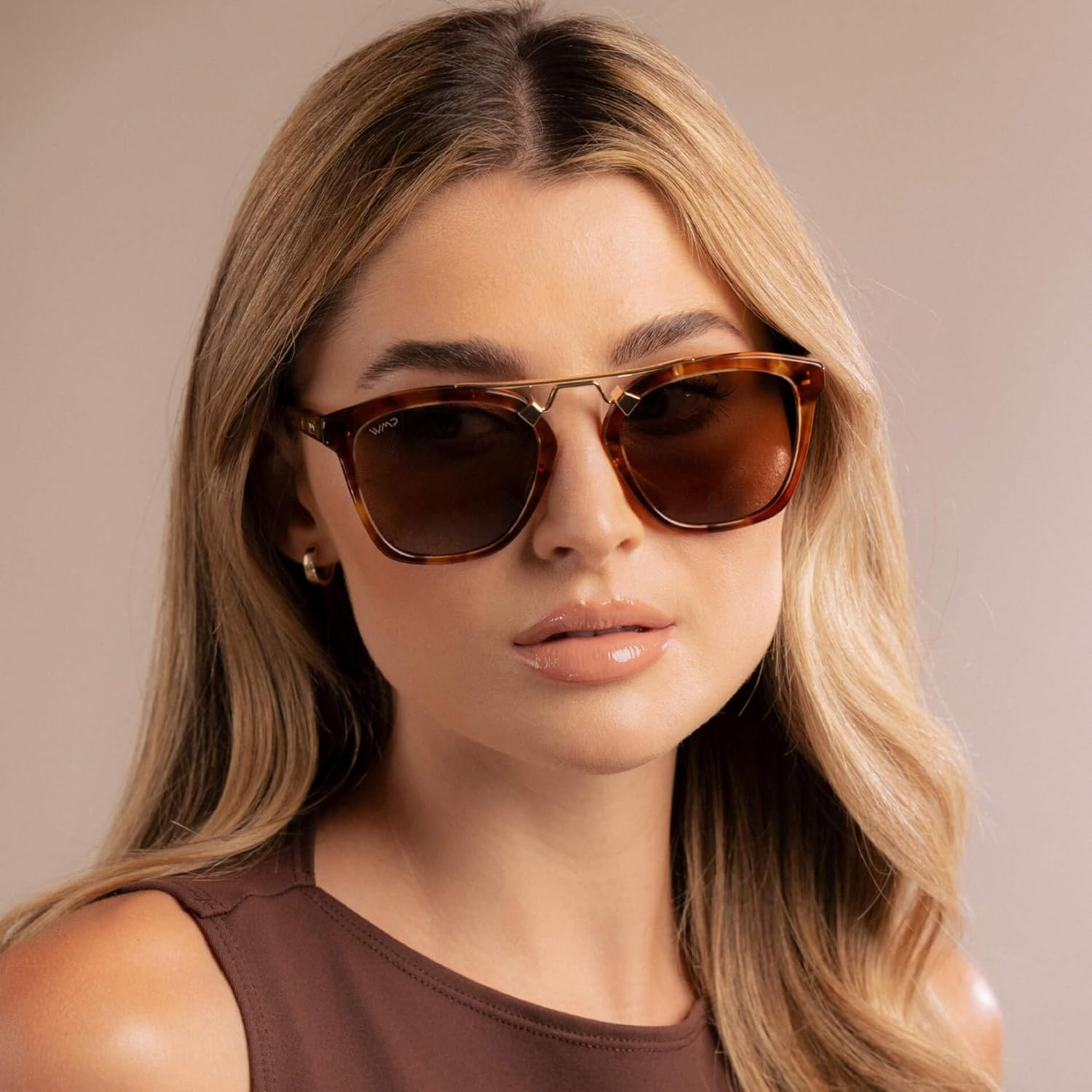 image:imageWearMe Pro WMP Eyewear  Womens Oversized Polarized Sunglasses Square Vintage Style with Metal DoubleBar BridgeHoneycomb Tortoise  Brown Lens