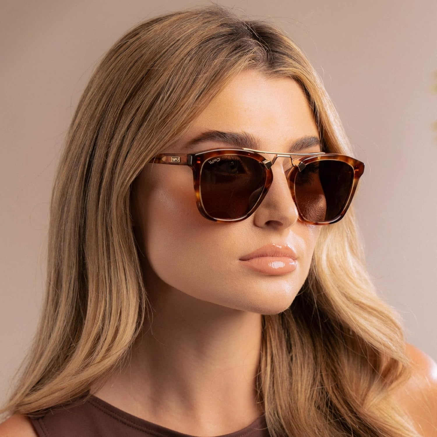 image:imageWearMe Pro WMP Eyewear  Womens Oversized Polarized Sunglasses Square Vintage Style with Metal DoubleBar BridgeHoneycomb Tortoise  Brown Lens