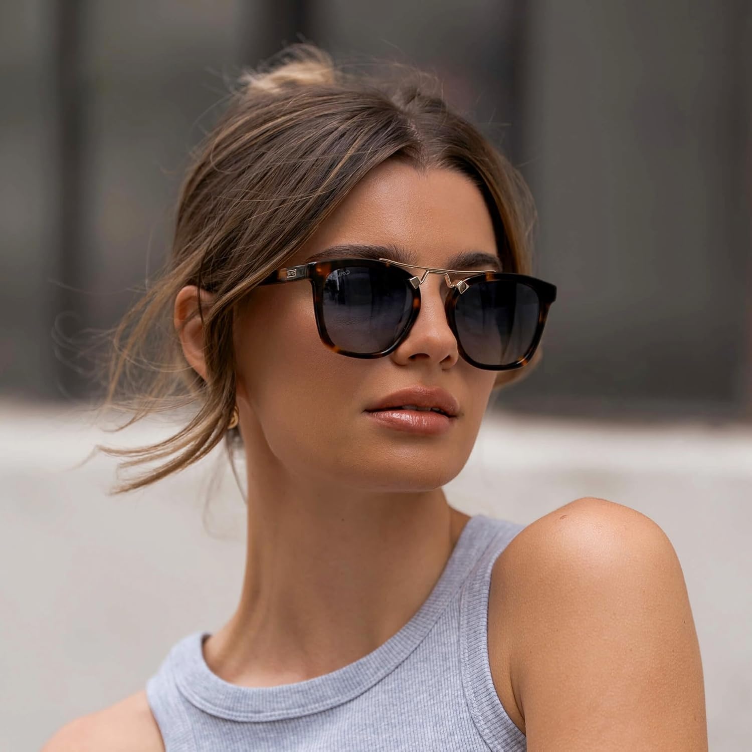 image:imageWearMe Pro WMP Eyewear  Womens Oversized Polarized Sunglasses Square Vintage Style with Metal DoubleBar BridgeWhiskey Brown TortoiseBlue Gradient Lens