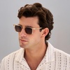 image:imageWearMe Pro  Mens Polarized Rectangular Sunglasses Bold Browline Keyhole Bridge Metal Rivets Modern Retro StyleSand Brown  Brown Gold Gradient Lens